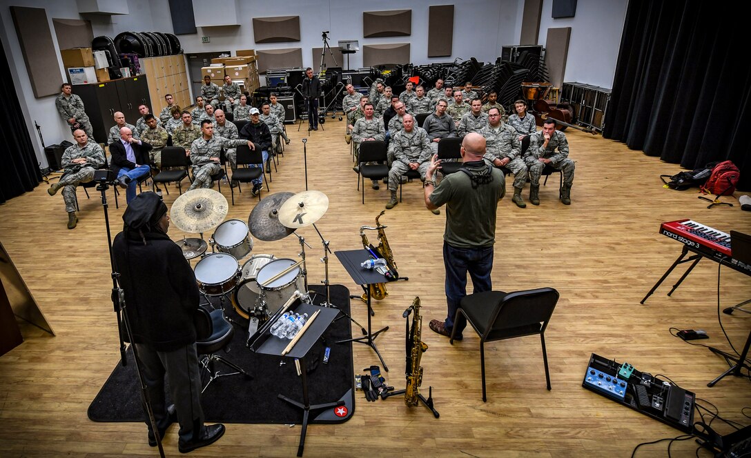 Five-time Grammy Award winner and internationally recognized saxophonist, composer and author Jeff Coffin performs alongside five-time Grammy Award winner, composer and percussionist Roy “Future Man” Wooten during a visit to the Rhythm in Blue jazz band at Joint Base Langley-Eustis, Virginia, Oct. 26, 2018. The Air Force has 17 bands that each operate within their own geographic area of responsibility. They have a mission to represent America's Airmen to a global audience, and to tell the Air Force story by performing and engaging diverse audiences, political figures and decision makers around the globe. (U.S. Air Force photo by Tech. Sgt. Nick Wilson)