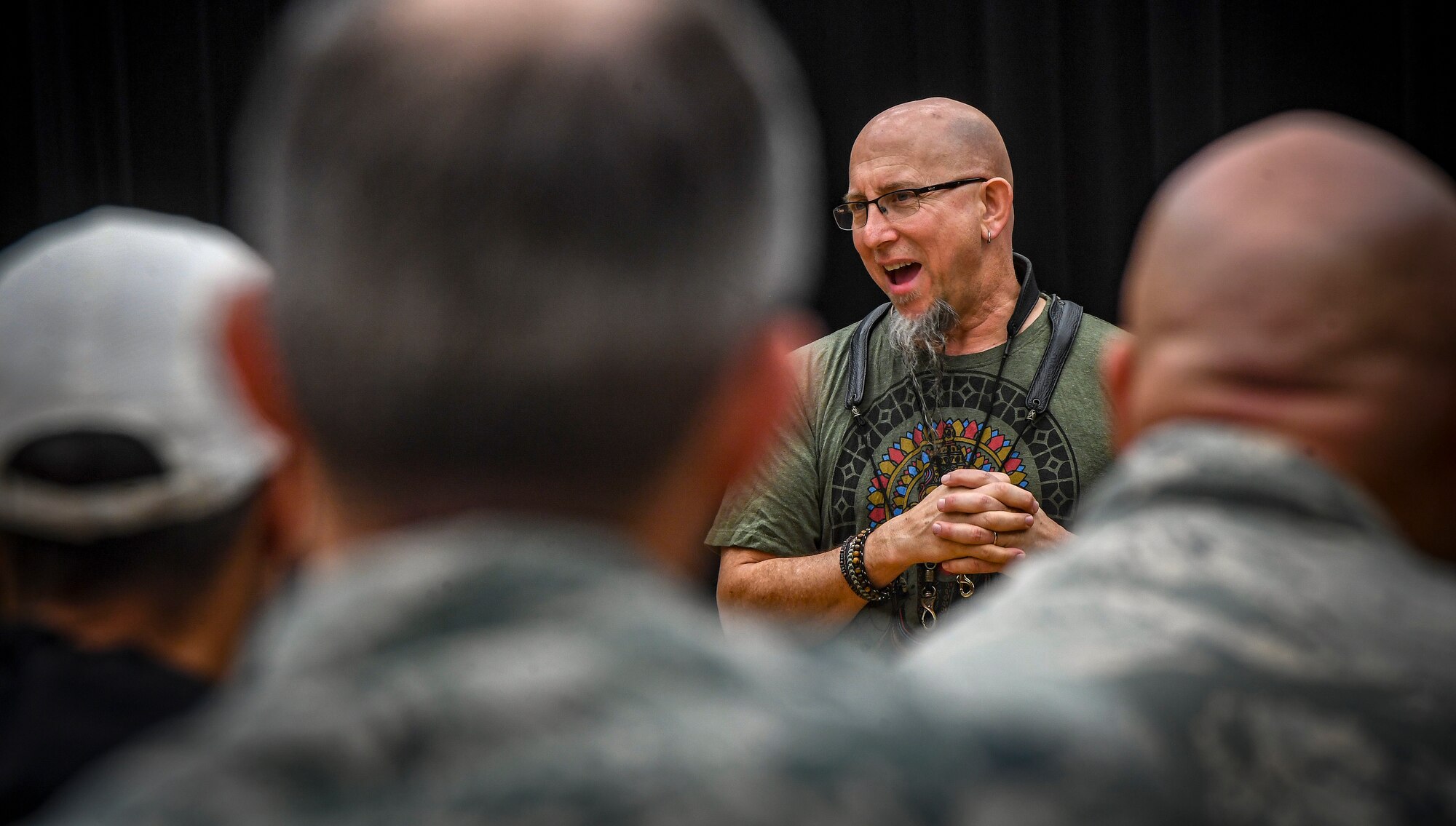 Grammy Award-winning saxophonist Jeff Coffin speaks during a visit to the Rhythm in Blue jazz band at Joint Base Langley-Eustis, Va., Oct. 26, 2018. Coffin discussed his personal experiences and emphasized the impact music can make on the world when it is used as a tool to bridge cultural gaps. (U.S. Air Force photo by Tech. Sgt. Nick Wilson)