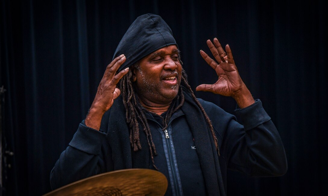 Five-time Grammy Award winner, composer, and percussionist Roy “Future Man” Wooten speaks during a visit to the Rhythm in Blue jazz band at Joint Base Langley-Eustis, Virginia, Oct. 26, 2018. Wooten lived and played music with his four brothers in the Hampton and Newport News area before his father, who is also a Korean War veteran, retired from the Air Force.  (U.S. Air Force photo by Tech. Sgt. Nick Wilson)
