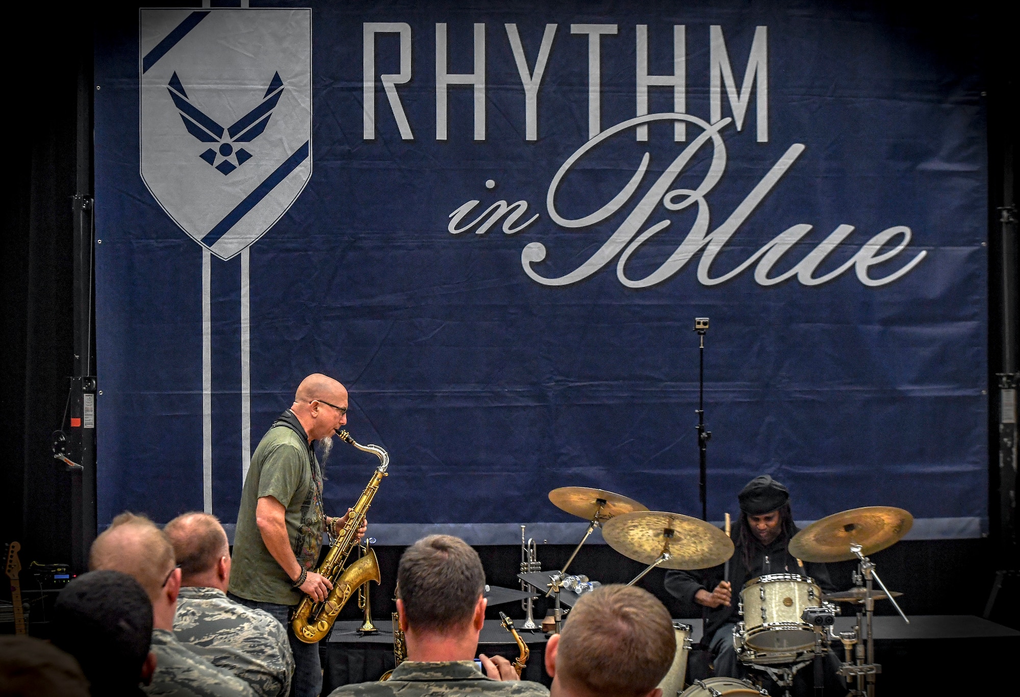 Five-time Grammy Award winner and internationally recognized saxophonist, composer and author Jeff Coffin performs alongside five-time Grammy Award winner, composer and percussionist Roy “Future Man” Wooten during a visit to the Rhythm in Blue jazz band at Joint Base Langley-Eustis, Virginia, Oct. 26, 2018. The Rhythm in Blue jazz band is one of seven ensembles from the Heritage of America band. Their mission is to synergize public affairs capability through music to support U.S. Air Force, Air Combat Command and Department of Defense objectives. (U.S. Air Force photo by Tech. Sgt. Nick Wilson)