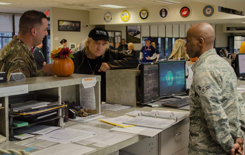 Joe Walsh tours the JBLM Passenger Terminal on Joint Base Lewis-McChord, Wash., Nov. 7, 2018. Walsh gave an impromptu performance in the terminal.  (U.S. Air Force photo by Senior Master Sgt. Sherri Nordin)