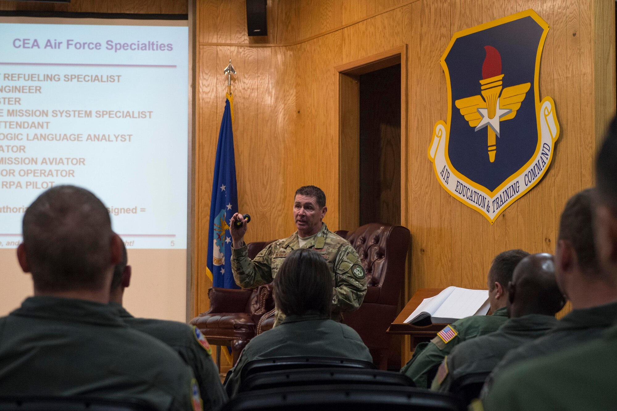 U.S. Air Force Chief Master Sgt. Randy Scanlan, Air Force Personnel Center Career Enlisted Aviators assignment branch chief, explains the process of how CEA Airmen acquire assignments and receive new ones,