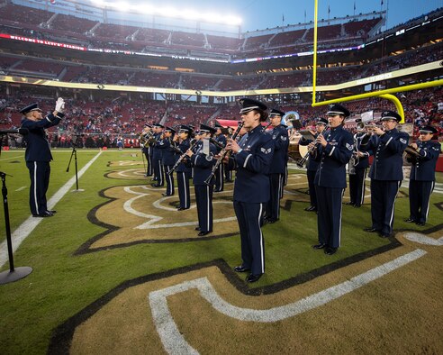 The U.S. Air Force Band of the Golden West from Travis Air Force Base, California, perform during pregame of the San Francisco Forty-Niners and New York Giants Monday Night Football game at Levi’s Stadium in Santa Clara, California, Nov. 12, 2018. The band performed in honor of Veterans Day and to support the National Football League’s Salute to Service Campaign. (U.S. Air Force photo by Louis Briscese)