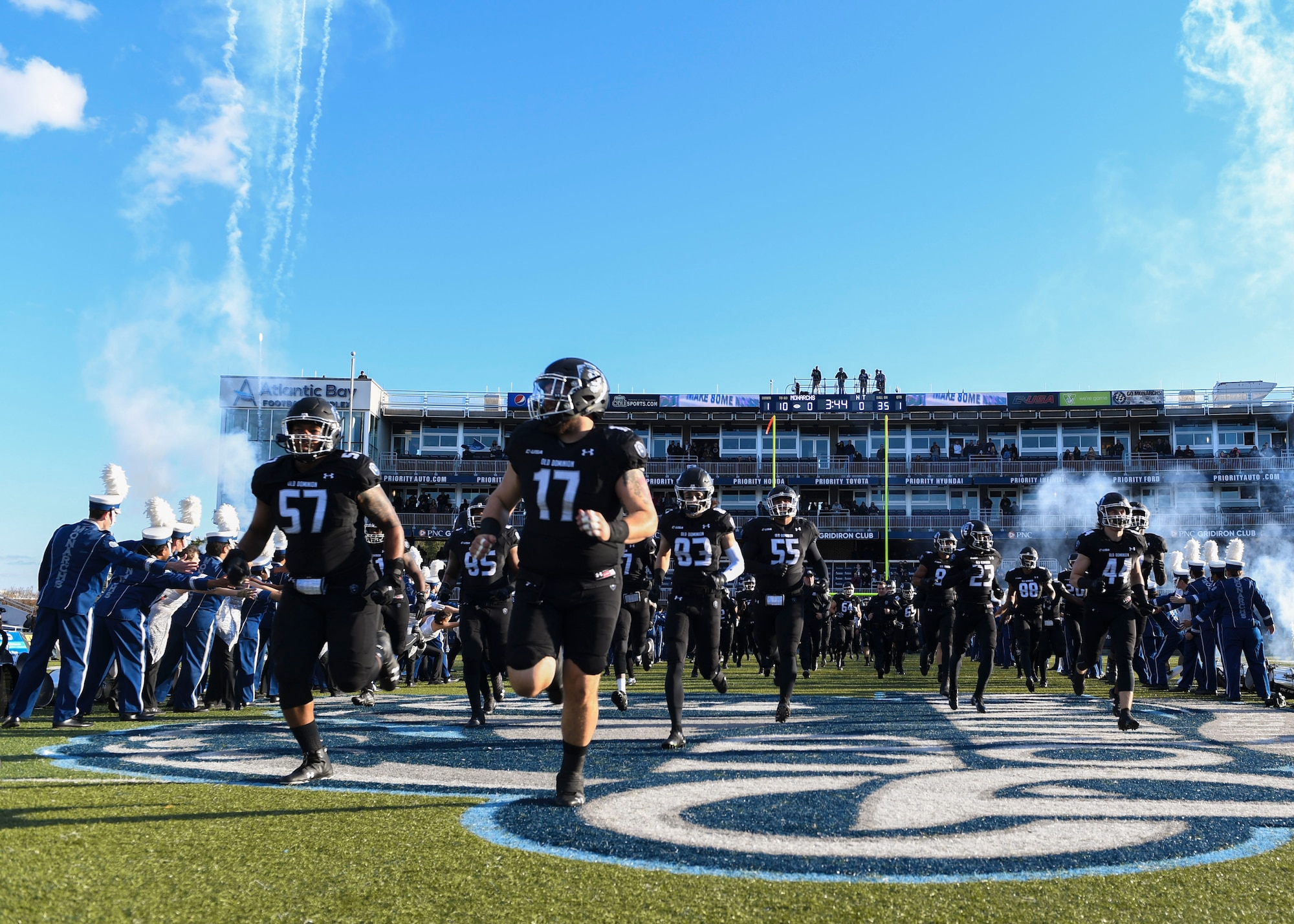 The Old Dominion University Monarchs football team runs onto the field during a game at ODU’s Foreman Field in Norfolk, Virginia, Nov. 10, 2018.
