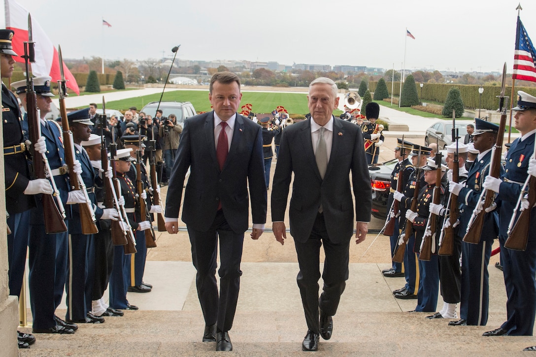 Defense Secretary James N. Mattis and his Polish counterpart walk past honor guard troops on steps leading into the Pentagon.