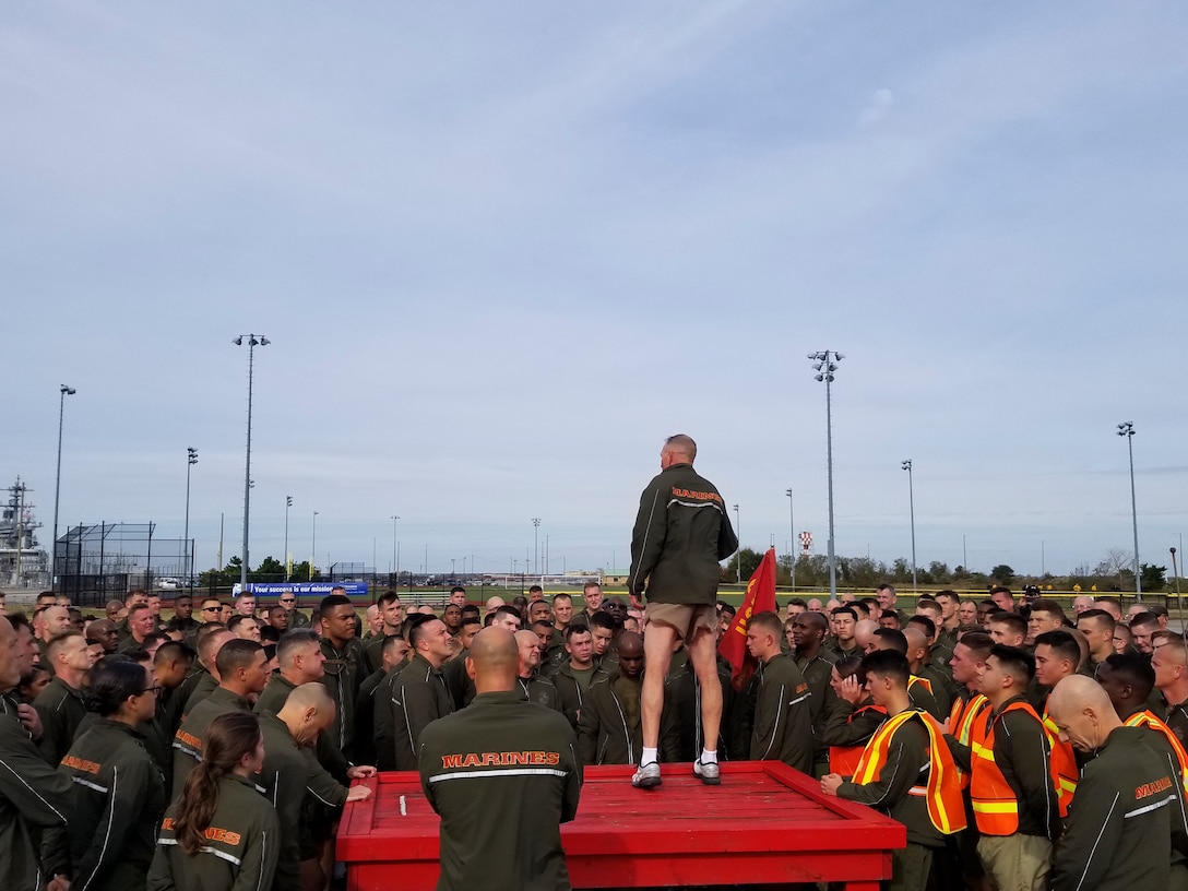 U.S. Marine Corps Lt. Gen. Mark A. Brilakis, commanding general of US. Marine Corps Forces Command, speaks to Marines and Sailors at the conclusion of the MARFORCOM 243rd Marine Corps birthday run Nov. 8, 2018, at Naval Station Norfolk, Norfolk, Virginia. The run was held in celebration of the 243rd Marine Corps birthday and to commemorate the 100 year anniversary of the end of World War I.  (U.S. Marine Corps photo by Sgt. Jessika Braden/Released)