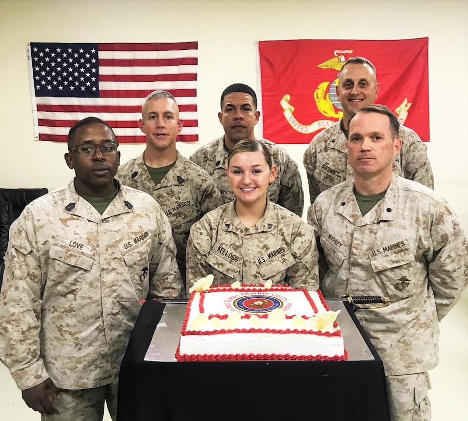 Forward deployed Marines gathered for a photo following a cake cutting ceremony celebrating the 243rd birthday of the U.S. Marine Corps, Nov. 10, 2018. The Marines are assigned to Forward Operating Base Erbil in support of Combined Joint Task Force – Operation Inherent Resolve.