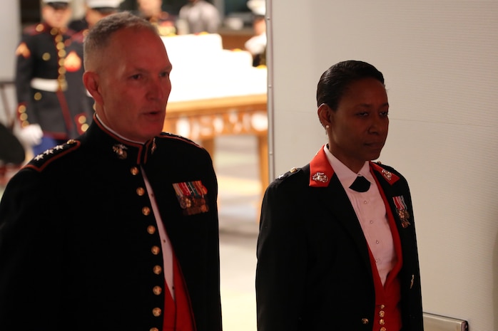 Lt. Gen. Mark A. Brilakis, left, commanding general of U.S. Marine Corps Forces Command, and Brig. Gen. Lorna Mahlock wait to be presented during the 243rd Marine Corps birthday ball Nov. 3, 2018 at the Virginia Beach Convention Center, Virginia Beach, Virginia. Each year Marines commemorate the Marine Corps Birthday by reflecting on its rich traditions through the reading of General John A. Lejeune’s Birthday Message and the cutting of the birthday cake. (U.S. Marine Corps photo by Lance Cpl. Garett Burns/Released)