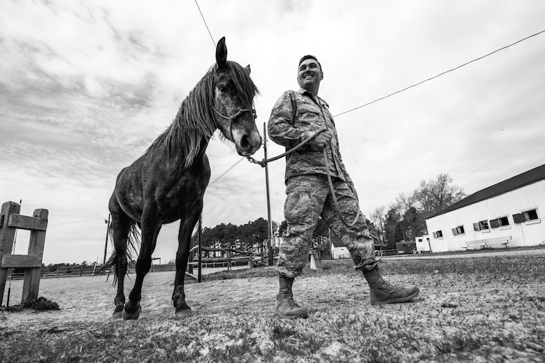 U.S. Air Force Staff Sgt. Cody Wisley, 83rd Network Operations Squadron boundary protection supervisor, guides his horse, Steel, at Joint Base Langley-Eustis, Virginia, April 12, 2018