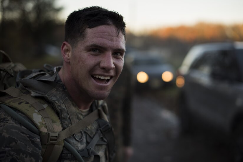 Airman 1st Class Jarrod Mohr, 87th Civil Engineer Squadron firefighter, smiles during the 2018 Service Member of the Year Competition on Joint Base McGuire-Dix-Lakehurst, New Jersey, Nov. 7, 2018. Mohr earned first place in the junior enlisted category. (U.S. Air Force photo by Airman 1st Class Ariel Owings)