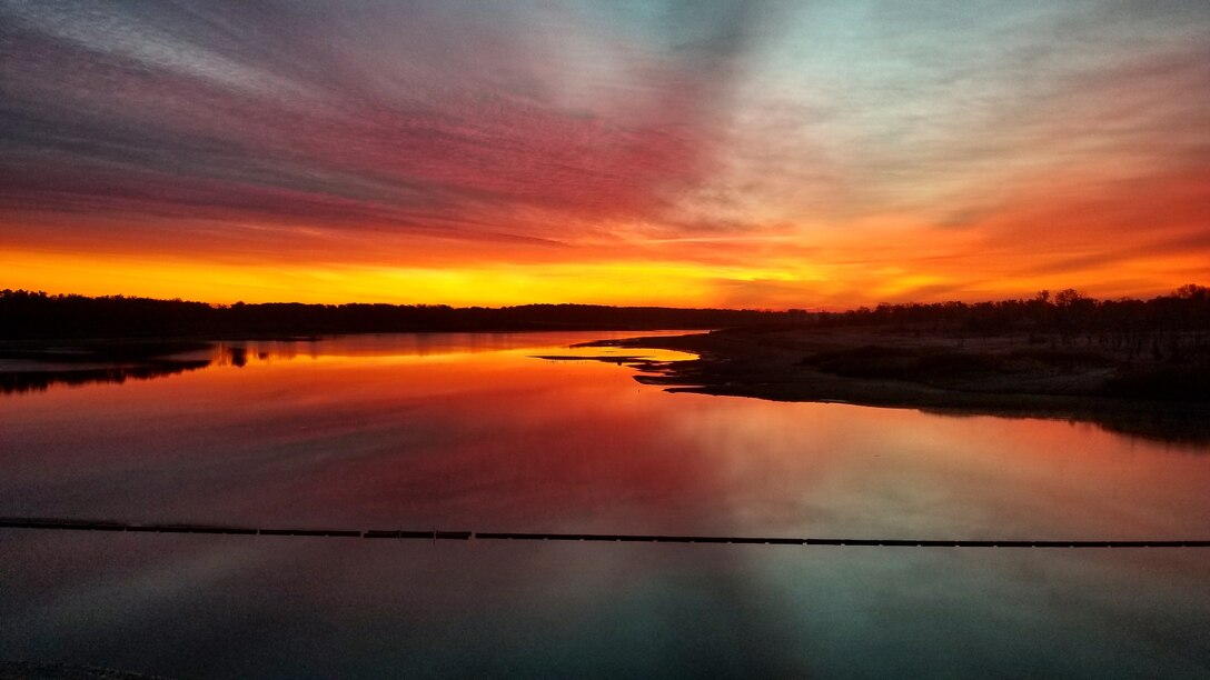 A beautiful fall morning sunrise at J. Edward Roush Lake, Huntington, Ind.