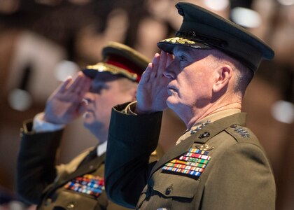 Marine Corps Gen. Joe Dunford, chairman of the Joint Chiefs of Staff, hosted an Armed Forces Full Honor Arrival ceremony for Estonian Gen. Riho Terras , commander of the Estonian Defense Forces, at Joint Base Myer-Henderson Hall, Nov. 13, 2018. During the ceremony, Gen. Dunford presented Gen. Terras with the Legion of Merit for his outstanding leadership, personal initiative and dedicated support to the United States - Estonia military alliance. Gen. Terras efforts resulted in a significant expansion of cooperative operations and training between the Estonian Defense Force and the United States military, leading to improved security and stability in the European Theater.