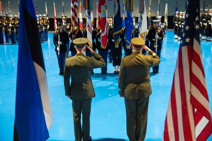 Marine Corps Gen. Joe Dunford, chairman of the Joint Chiefs of Staff, hosted an Armed Forces Full Honor Arrival ceremony for Estonian Gen. Riho Terras , commander of the Estonian Defense Forces, at Joint Base Myer-Henderson Hall, Nov. 13, 2018. During the ceremony, Gen. Dunford presented Gen. Terras with the Legion of Merit for his outstanding leadership, personal initiative and dedicated support to the United States - Estonia military alliance. Gen. Terras efforts resulted in a significant expansion of cooperative operations and training between the Estonian Defense Force and the United States military, leading to improved security and stability in the European Theater.