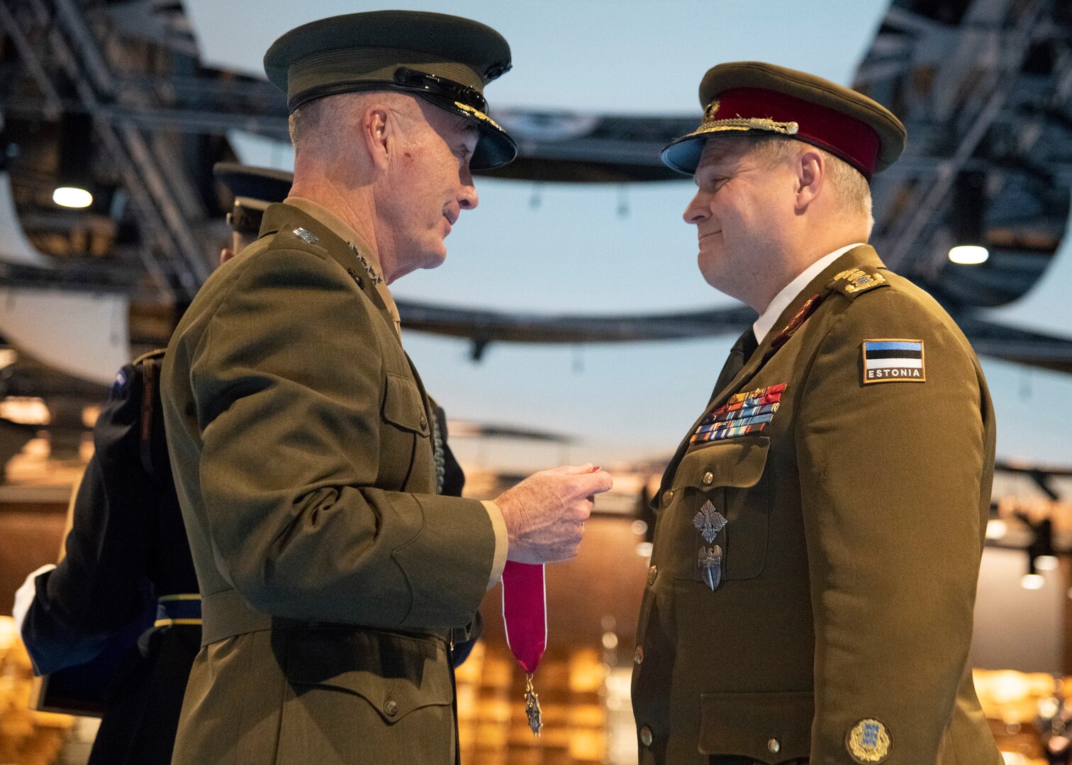 Marine Corps Gen. Joe Dunford, chairman of the Joint Chiefs of Staff, hosted an Armed Forces Full Honor Arrival ceremony for Estonian Gen. Riho Terras , commander of the Estonian Defense Forces, at Joint Base Myer-Henderson Hall, Nov. 13, 2018. During the ceremony, Gen. Dunford presented Gen. Terras with the Legion of Merit for his outstanding leadership, personal initiative and dedicated support to the United States - Estonia military alliance. Gen. Terras efforts resulted in a significant expansion of cooperative operations and training between the Estonian Defense Force and the United States military, leading to improved security and stability in the European Theater.