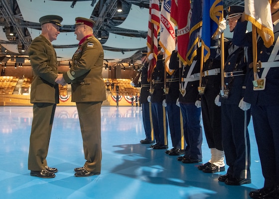 Marine Corps Gen. Joe Dunford, chairman of the Joint Chiefs of Staff, hosted an Armed Forces Full Honor Arrival ceremony for Estonian Gen. Riho Terras , commander of the Estonian Defense Forces, at Joint Base Myer-Henderson Hall, Nov. 13, 2018. During the ceremony, Gen. Dunford presented Gen. Terras with the Legion of Merit for his outstanding leadership, personal initiative and dedicated support to the United States - Estonia military alliance. Gen. Terras efforts resulted in a significant expansion of cooperative operations and training between the Estonian Defense Force and the United States military, leading to improved security and stability in the European Theater.