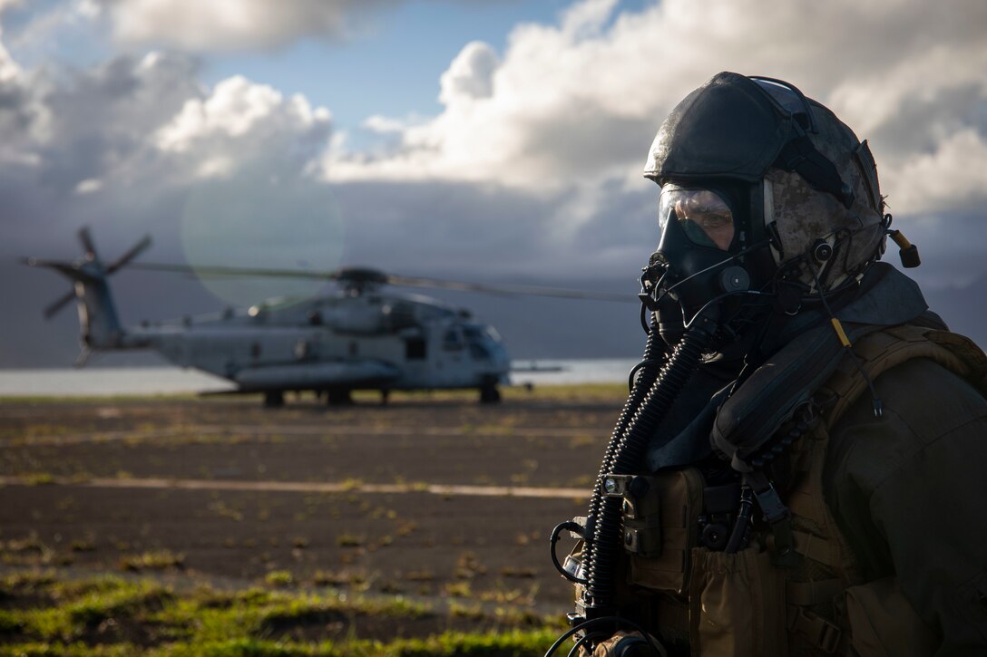 U.S. Marine Corps Maj. Ryan Pallas, a CH-53 Super Stallion helicopter pilot with Marine Heavy Helicopter Squadron (HMH) 463, stands by after donning his gas mask prior to a Helicopter Support Team (HST) exercise at Landing Zone Westfield, Marine Corps Base Hawaii, Oct. 22, 2018. The HST exercise is targeted to make the landing support specialists with Combat Logistics Battalion 3 and HMH-463 pilots more proficient in the case they need to quickly extract an object. (U.S. Marine Corps photo by Sgt. Zachary Orr)
