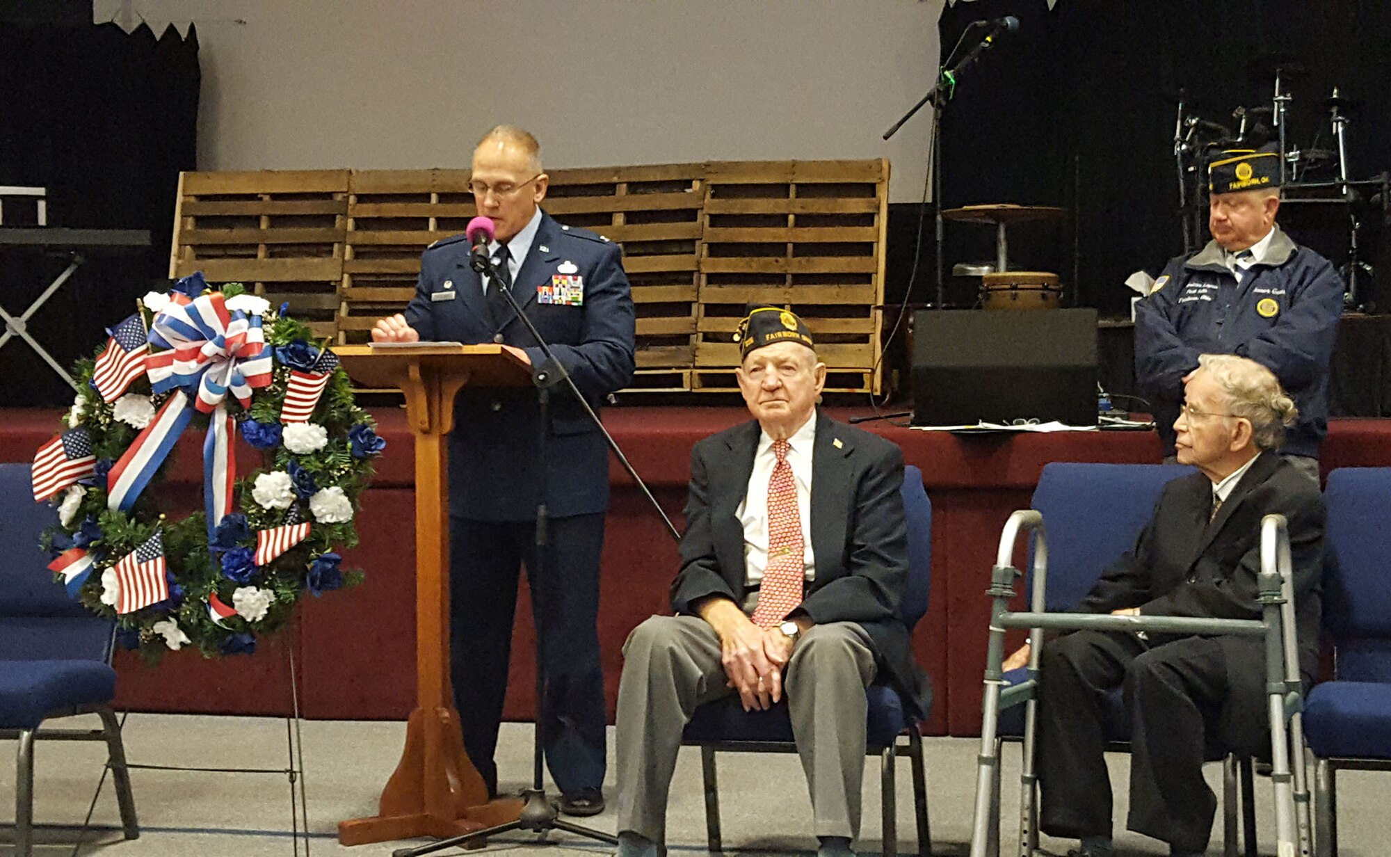 Col. Jay Smeltzer, commander of the 445th Maintenance Group, shares stories about his father in the Vietnam War and his own experiences during Desert Storm, 9/11 and Operation Enduring Freedom and Operation Iraqi Freedom during the City of Fairborn's Veterans Day Ceremony held at the Fairborn United Methodist Church November 10, 2018.