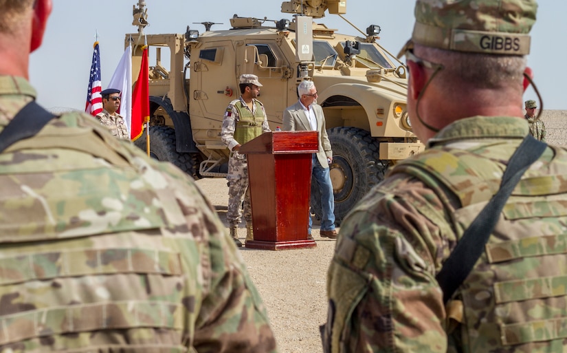 Qatari Army Capt. Hamad Labda, the commander of Rapid Reaction Battalion, Qatar Emiri Land Force, addresses U.S. and Qatari military forces at the opening ceremony of Exercise Eastern Action 2019, Nov. 4, 2018. Eastern Action is a U.S. Army Central led exercise conducted between U.S. and Qatari military forces to enhance interoperability and demonstrate our commitment to long-term stability in the region.