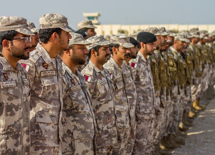 U.S. and Qatari military forces participate in the opening ceremony of Exercise Eastern Action 2019, Nov. 4, 2018. Eastern Action is a U.S. Army Central led exercise conducted between U.S. and Qatari military forces to enhance interoperability and demonstrate our commitment to long-term stability in the region.