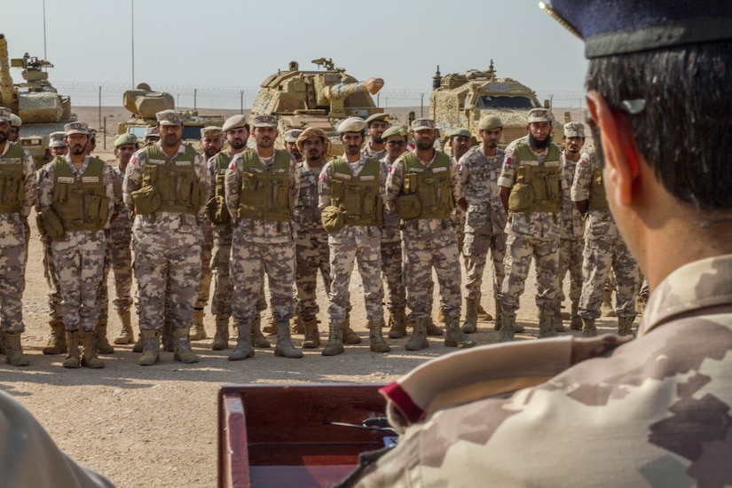Qatari Army Lt. Col. Khalifa Al-Suwaidi, Exercise Eastern Action 2019 director, Qatar Emiri Land Force, addresses U.S. and Qatari military forces at the opening ceremony of Exercise Eastern Action 2019, Nov. 4, 2018. Eastern Action is a U.S. Army Central led exercise conducted between U.S. and Qatari military forces to enhance interoperability and demonstrate our commitment to long-term stability in the region.