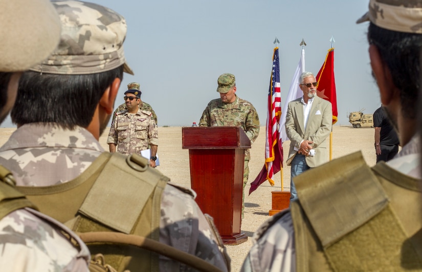 U.S. Army Col. Robert Kuth, commander of Area Support Group-Qatar, addresses U.S. and Qatari military forces at the opening ceremony of Exercise Eastern Action 2019, Nov. 4, 2018. Eastern Action is a U.S. Army Central led exercise conducted between U.S. and Qatari military forces to enhance interoperability and demonstrate our commitment to long-term stability in the region.