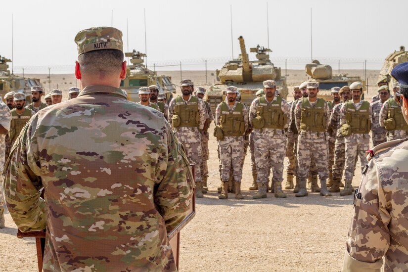 U.S. Army Col. Robert Kuth, commander of Area Support Group-Qatar, addresses U.S. and Qatari military forces at the opening ceremony of Exercise Eastern Action 2019, Nov. 4, 2018. Eastern Action is a U.S. Army Central led exercise conducted between U.S. and Qatari military forces to enhance interoperability and demonstrate our commitment to long-term stability in the region.