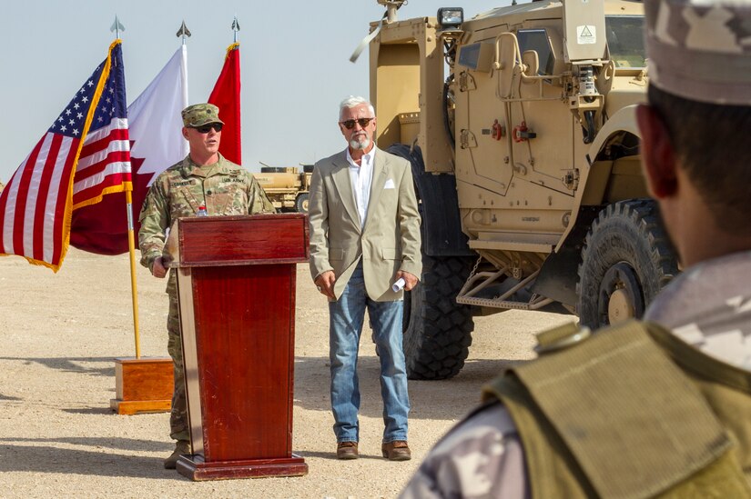 U.S. Army Lt. Col. Christopher W. Cooksey, commander of 2nd Battalion, 198th Armor Regiment, 155th Armored Brigade Combat Team, Mississippi Army National Guard, addresses U.S. and Qatari military forces at the opening ceremony of Exercise Eastern Action 2019, Nov. 4, 2018. Eastern Action is a U.S. Army Central led exercise conducted between U.S. and Qatari military forces to enhance interoperability and demonstrate our commitment to long-term stability in the region.