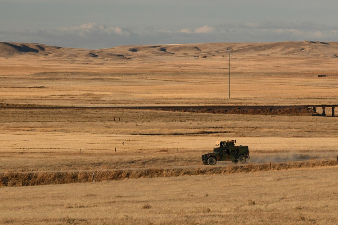 A High Mobility Multipurpose Wheeled Vehicle from the 341st Security Forces Group, arrives to assist in a launch facility recapture exercise during Global Thunder 19, Oct. 30, 2018, at Malmstrom Air Force Base, Mont.