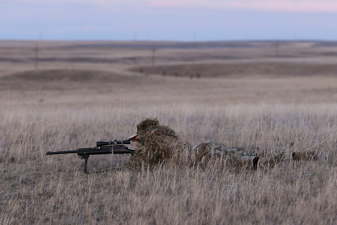 A nuclear advanced designated marksman from the 341st Security Support Squadron Tactical Response Force assists in a launch facility recapture exercise from a distance in support of Global Thunder 19, Oct. 30, 2018, at Malmstrom Air Force Base, Mont.