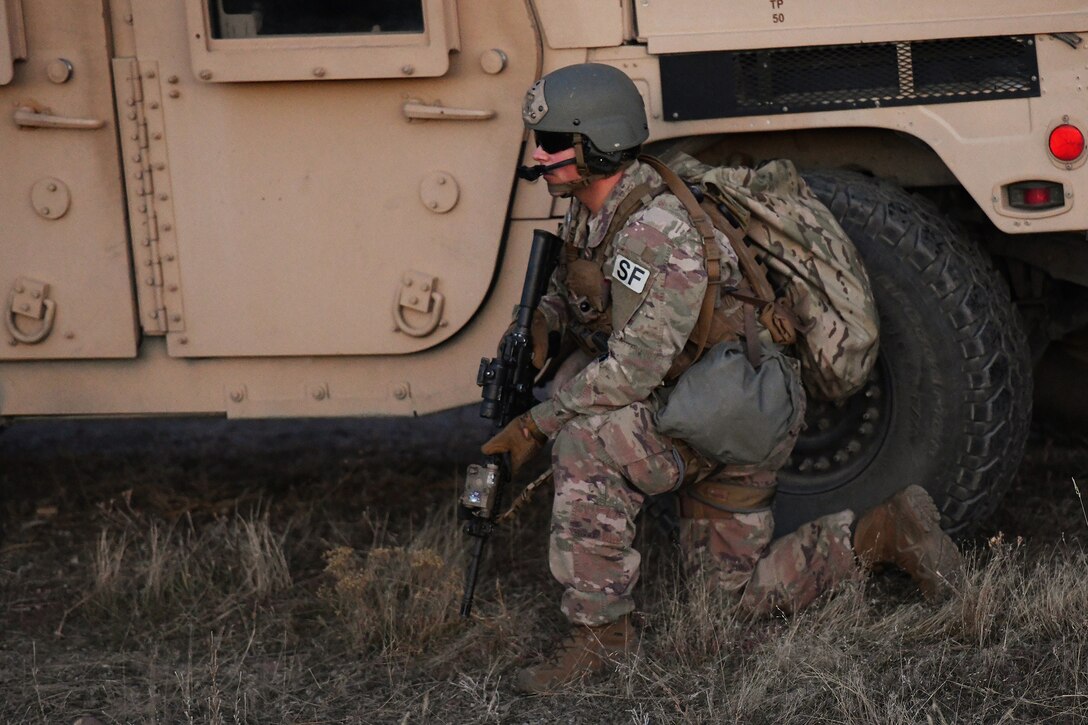 A member of the 341st Security Forces Group participates a launch facility recapture during Global Thunder 19, Oct. 30, 2018, at Malmstrom Air Force Base, Mont.