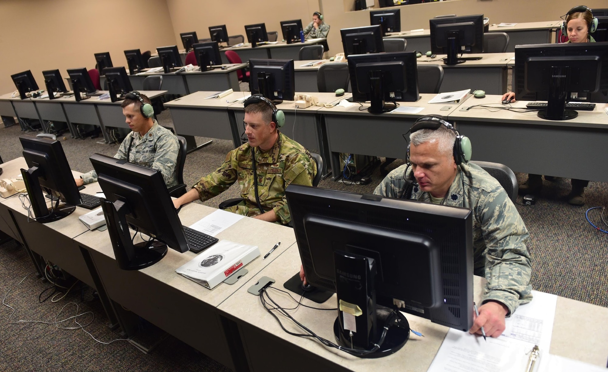 Air battle managers from the 337th Air Control Squadron take part in a command and control exercise involving real-world assets, November 9th, 2018, at Tyndall Air Force Base, Fla. The exercise was the first set of operations held at the 337th ACS since Hurricane Michael made landfall earlier last month. (U.S. Air Force photo by Senior Airman Cody R. Miller)