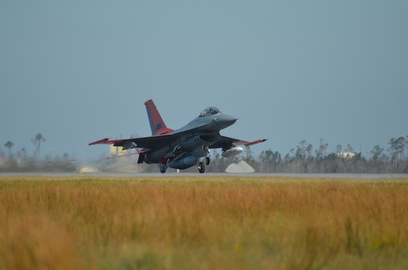 Photo of Boeing delivering a QF-16 to Tyndall AFB Oct. 24.