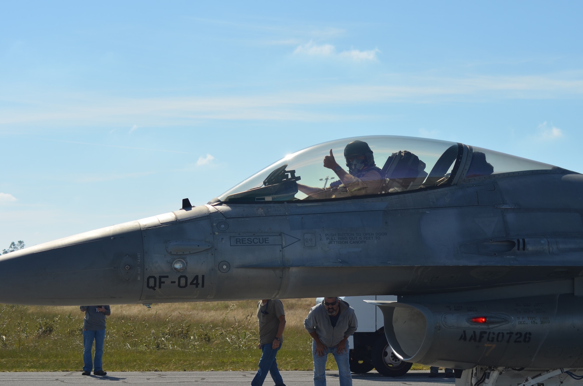 Photo of a QF-16 after the Boeing test pilot landed at Tyndall Air Force Base