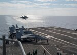 PHILIPPINE SEA (Nov. 13, 2018) An F/A-18 Super Hornet, assigned to the “Black Aces” of Strike Fighter Squadron (VFA) 41, from Carrier Air Wing 9, approaches for a landing on the flight deck of the aircraft carrier USS Ronald Reagan (CVN 76). USS Ronald Reagan and USS John C. Stennis (CVN 74) are underway and conducting operations, in international waters as part of a dual carrier strike force exercise. The U.S. Navy has patrolled the Indo-Pacific region routinely for more than 70 years promoting regional security, stability, and prosperity.