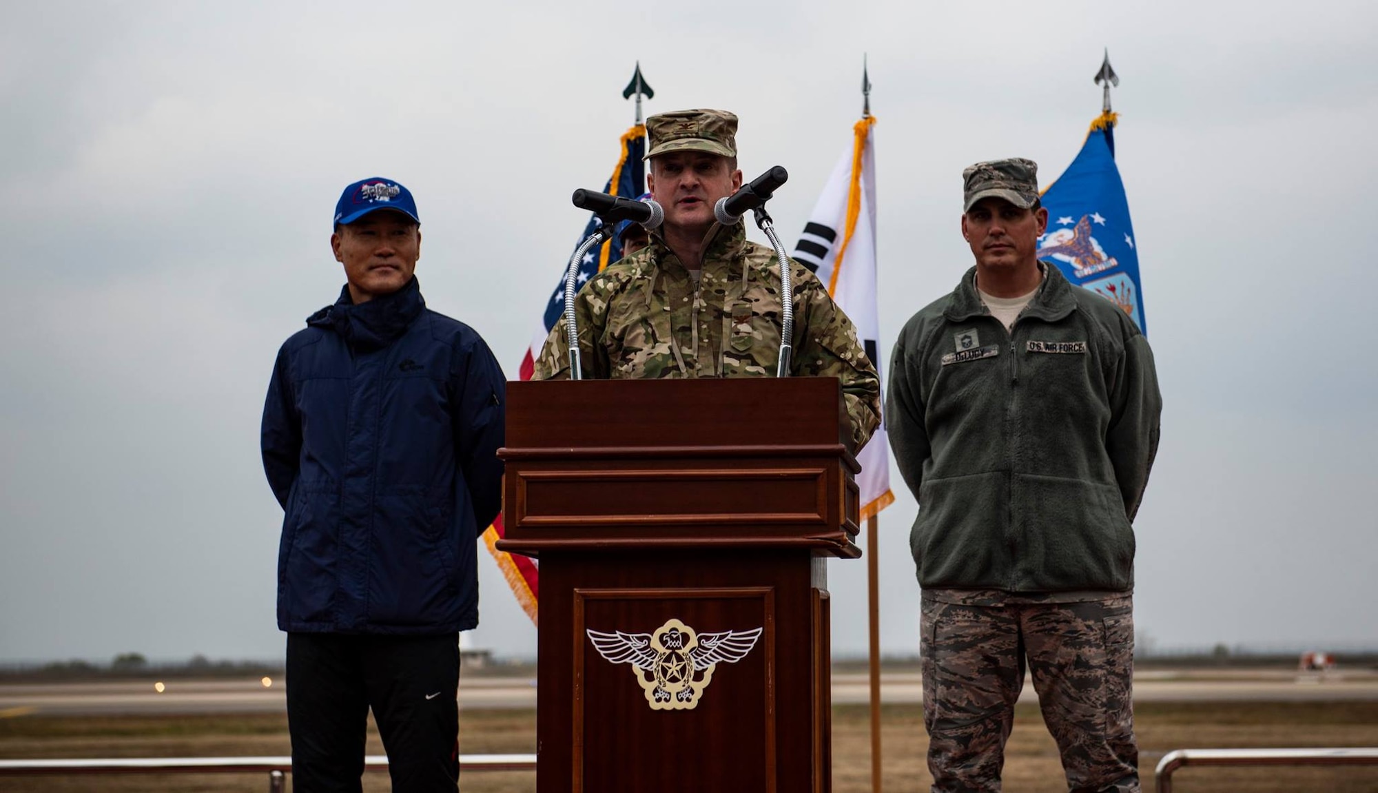 Col. John Bosone, 8th Fighter Wing commander, gives opening remarks for the 2018 US-ROKAF Friendship Day at Kunsan Air Base, Republic of Korea, Nov. 9, 2018. The US-ROKAF Friendship Day focused on celebrating the partnership and alliance between the 8th FW and 38th FG, who participated in several sporting events and competitions throughout the day. (U.S. Air Force photo by Senior Airman Stefan Alvarez)