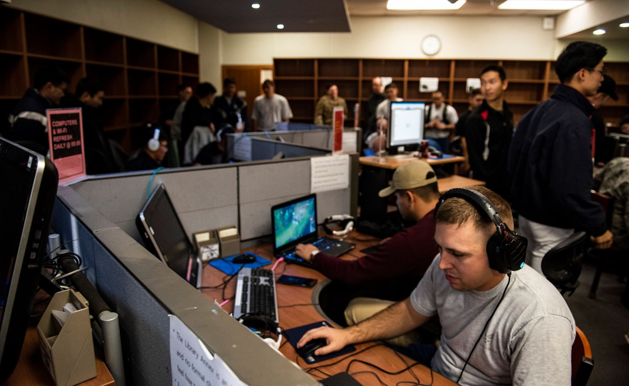 8th Fighter Wing members face off with 38th Fighter Group personnel in a “League of Legends” video game competition at Kunsan Air Base, Republic of Korea, Nov. 9, 2018. The US-ROKAF Friendship Day focused on celebrating the partnership and alliance between the 8th Fighter Wing and 38th Fighter Group, who participated in several sporting events and competitions throughout the day. (U.S. Air Force photo by Senior Airman Stefan Alvarez)