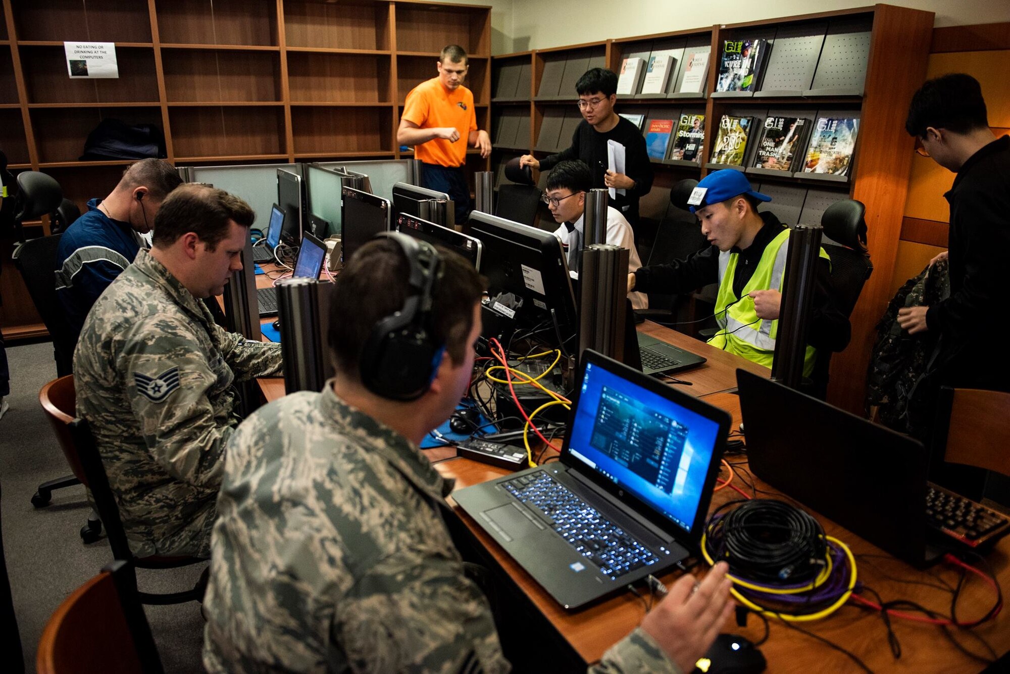 8th Fighter Wing members face off with 38th Fighter Group personnel in the video game “League of Legends” at Kunsan Air Base, Republic of Korea, Nov. 9, 2018. The US-ROKAF Friendship Day focused on celebrating the partnership and alliance between the 8th Fighter Wing and 38th Fighter Group, who participated in several sporting events and competitions throughout the day. (U.S. Air Force photo by Senior Airman Stefan Alvarez)