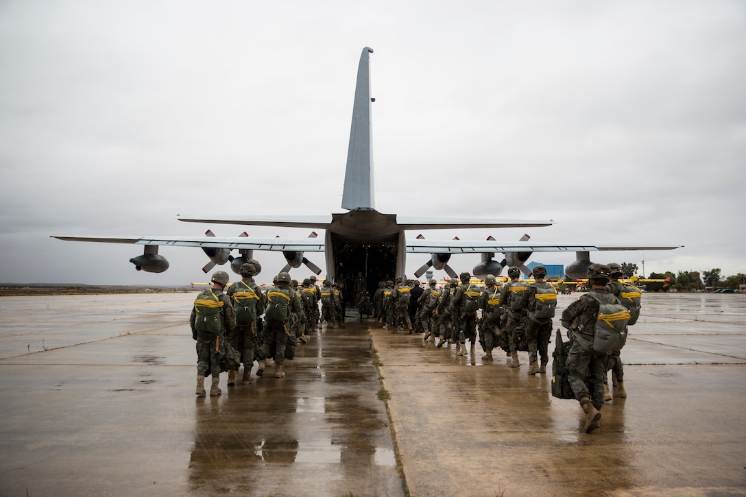 Spanish soldiers standby to board a KC-130T during Death From Above in Torrejon, Spain, Oct. 30, 2018.
