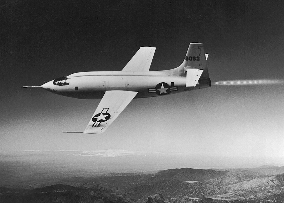 The rocket-powered Bell X-1 experimental aircraft. Pilots who flew the X-1 experienced weightlessness for a few seconds when they completed a climb. (NASA photo)