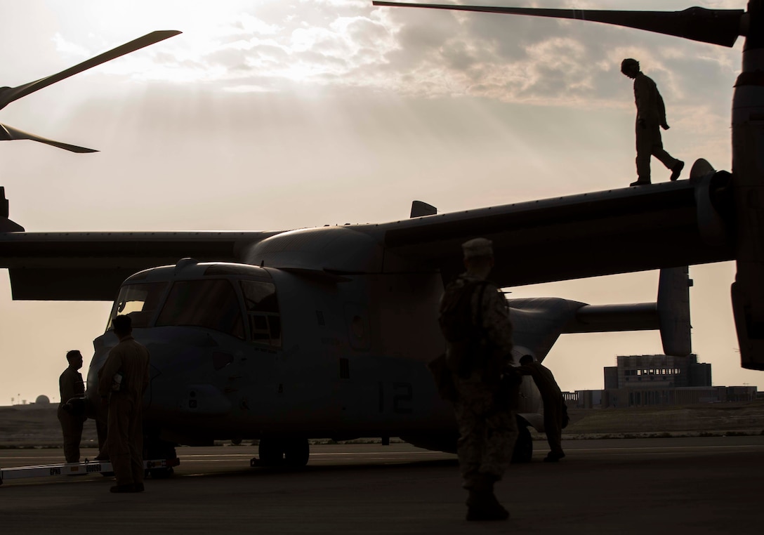 U.S. Marines with Marine Medium Tiltrotor Squadron 166 Reinforced, 13th Marine Expeditionary Unit, maintain an MV-22B Osprey after flight during the Bahrain International Airshow. BIAS, a biennial event, is an opportunity to strengthen military-to-military relationships with regional partners and European allies.