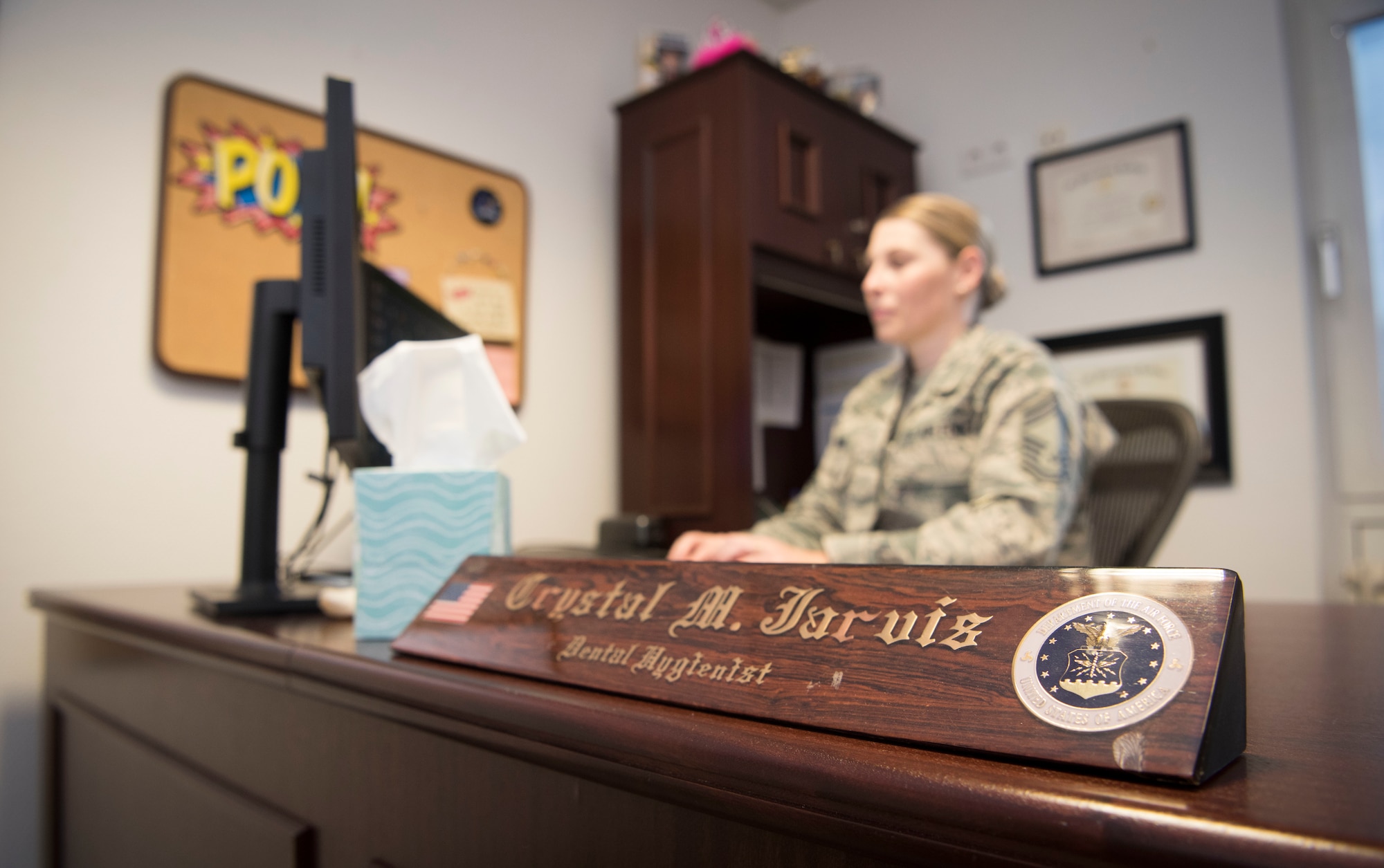 U.S. Air Force Chief Master Sgt. Shelly Jarvis, 86th Airlift Wing Dental Squadron superintendent and dental hygienist, works at her desk Nov. 7, 2018, Ramstein Air Base, Germany. As a dental hygienist, Jarvis can give patients deep cleanings, anesthetic, as well as chart and monitor patients with ailments such as gum disease. It was previously thought impossible for a dental hygienist to achieve the rank of chief master sergeant.