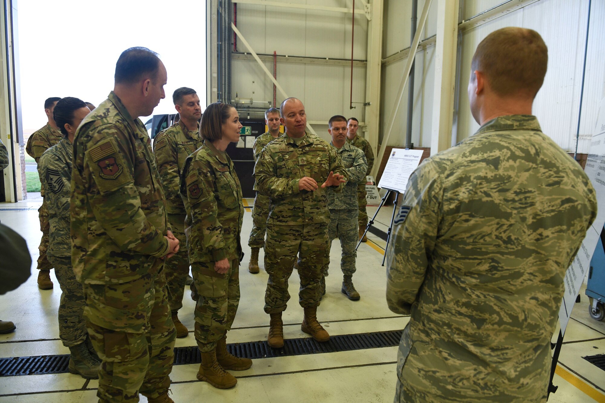 U.S. Air Force Air Education and Training Command command chiefs were presented with the 100th Maintenance Squadron innovation to show how those innovations sustain mission effectivenessat RAF Mildenhall, England, Nov. 14, 2018. The purpose of their visit was to speak with Airmen and gain a better understanding of what they do to support Team Mildenhall, AETC and Air Force Special Operations Command. (U.S. Air Force photo by Airman 1st Class Alexandria Lee)