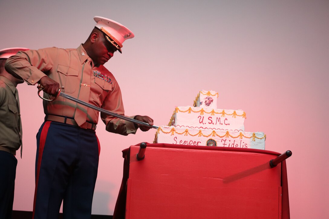 Marine Corps Logistics Base Albany held the traditional cake-cutting ceremony, and uniform pageant to celebrate the 243rd Birthday of the Marine Corps, November 8. Marines showcased and highlighted those who have gone before, as well as the past and present uniforms of those who fought, and are currently fighting, in defense of our nation around the world. (U.S. Marine Corps photo by Re-Essa Buckels)