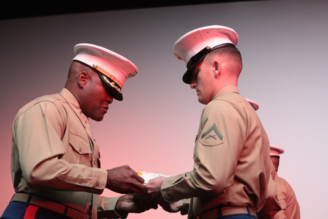 Marine Corps Logistics Base Albany held the traditional cake-cutting ceremony, and uniform pageant to celebrate the 243rd Birthday of the Marine Corps, November 8. Marines showcased and highlighted those who have gone before, as well as the past and present uniforms of those who fought, and are currently fighting, in defense of our nation around the world. (U.S. Marine Corps photo by Re-Essa Buckels)