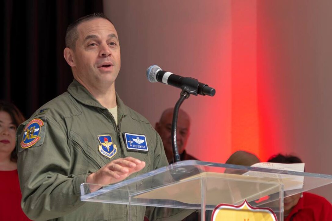 Col. Lee Gentile, 47th Flying Training Wing commander, speaks during the H-E-B 26th annual Feast of Sharing at Del Rio, Texas, Nov. 11, 2018. The event, which gives a warm, full course Thanksgiving meal to anyone who desired, took time to thank those who help defend, or have defended, this great nation.