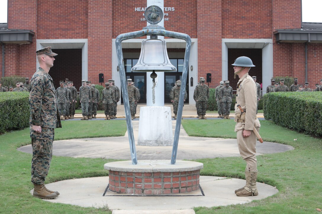 Marines aboard Marine Corps Logistics Base Albany commemorated 100-year anniversary since the end of WWI with a bell ringing ceremony, November 9. (U.S. Marine Corps photo by Re-Essa Buckels)