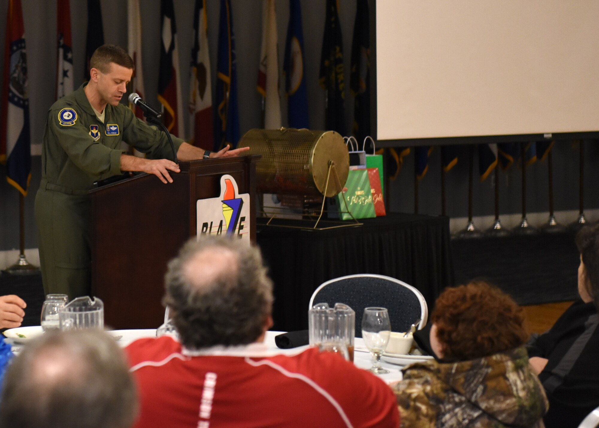 Col. William Denham, 14th Flying Training Wing vice commander, speaks to retirees Nov. 9, 2018, during Retiree Appreciation Day on Columbus Air Force Base, Mississippi. More than 150 retirees came out to the base, where they were treated to a day of activities, lunch and information. The day aligned with this month’s theme of military family appreciation and allowed Columbus AFB to show its gratitude for the retiree community. (U.S. Air Force photo by Second Lt. Aaric Rogers)