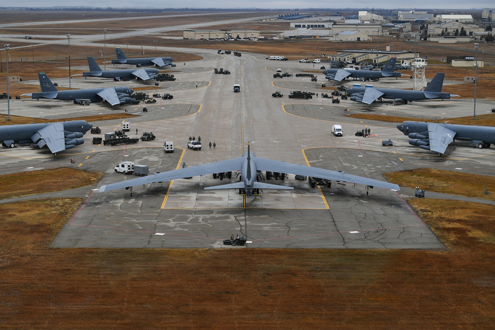 Airmen ready B-52H Stratofortresses during Global Thunder 19 at Minot Air Force Base, N.D., Nov. 2, 2018. Global Thunder is an exercise to test readiness and ensure a safe, secure, ready and reliable strategic deterrent force. The exercise provides training opportunities that assess all U.S. Strategic Command mission areas and joint and field training operational readiness, with a specific focus on nuclear readiness as well as providing unique training for assigned units and allies.