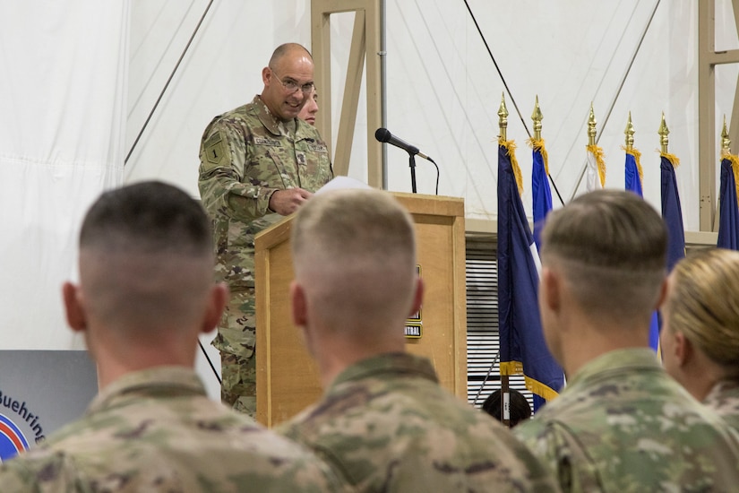U.S. Command Sgt. Maj. Joseph Cornelison, command sergeant major of U.S. Army Central, delivers a speech to the graduates and guests attending a ceremony for the latest class to graduate the USARCENT Basic Leader Course at Camp Buehring, Kuwait, Oct. 17, 2018. Developing a prepared and capable leader is one of the Army’s modernization efforts.