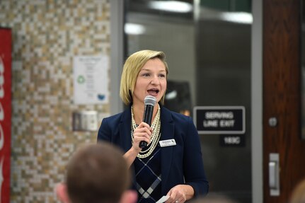 Megan Knight, Associate Principal of Elk Grove High School, gives opening remarks during the Elk Grove High School Veterans Day ceremony honoring veterans from the surrounding communities, Nov. 9, 2018.